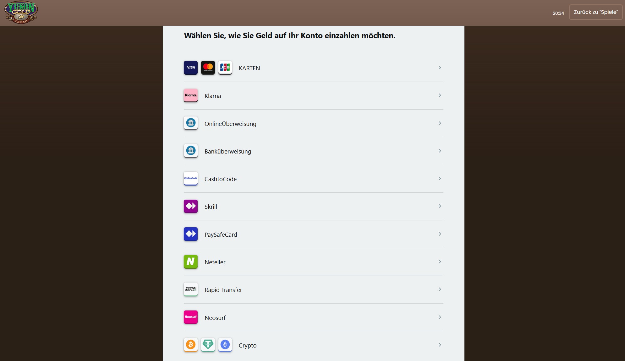Yukon Gold Casino Zahlungsmethoden